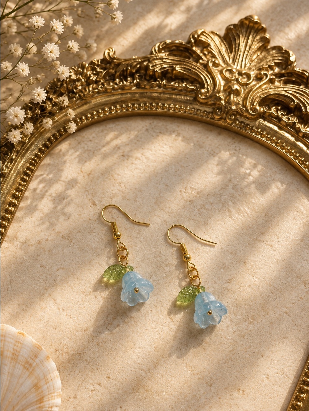 Delicate Blue Flower Drop Earrings with Green Leaf Accent — Women Jewelry